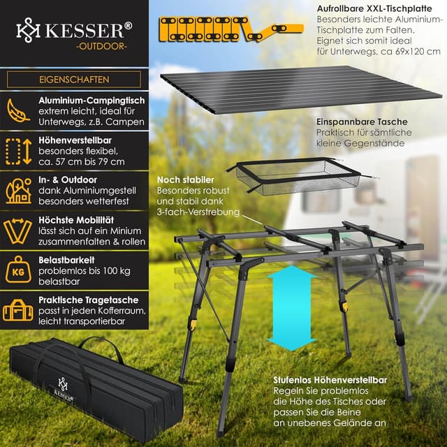 Detalle de KESSER® faltbarer Campingtisch mit Aluminiumrahmen, höhenverstellbar und Tragetasche (120 x 70 cm)