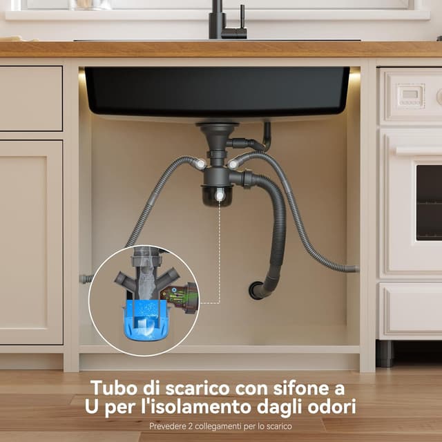 Thumbnail 6 de ANYCEE Lavello Cucina Nero 70x46 cm in granito (80% sabbia di quarzo) con 1 vasca e sistema di scarico