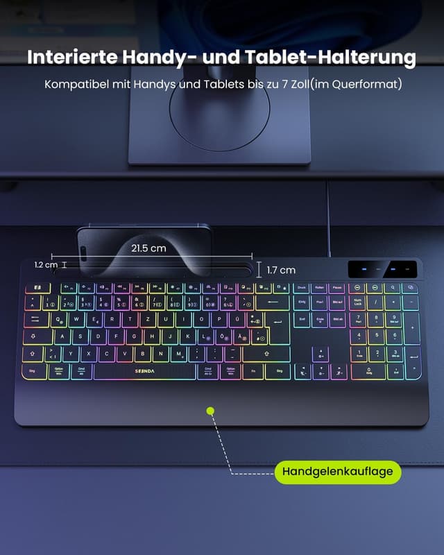 Detalle de seenda KOE200 kabelgebundene beleuchtete Tastatur mit USB-A- & USB-C, ergonomisch mit Handgelenkauflage