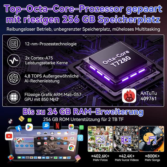 Thumbnail 5 de TABWEE T60 Pro Tablet 13,4 Zoll (Android 15) mit 120Hz-Display, 24GB RAM/256GB Speicher, 5G/WLAN, inkl. Tastatur & Stift