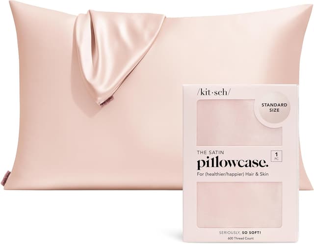 Detalle de Kitsch satin pillowcase with zipper for hair & skin (queen) – Blush