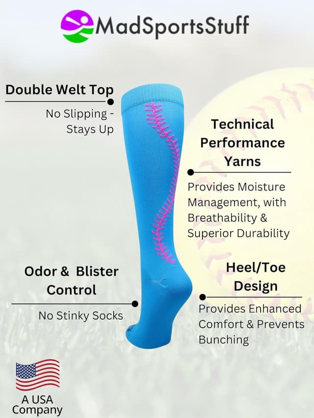 Detalle de MadSportsStuff Softball Socks with Stitches (Girls & Women), Over-the-Calf—Moisture-Wicking Team Colors
