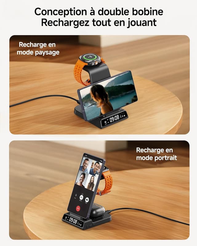 Detalle de Station de charge sans fil 3-en-1 pour Samsung (S25/S24/S23, Z Fold/Z Flip), chargeur induction Galaxy Watch et Galaxy Buds — avec horloge numérique