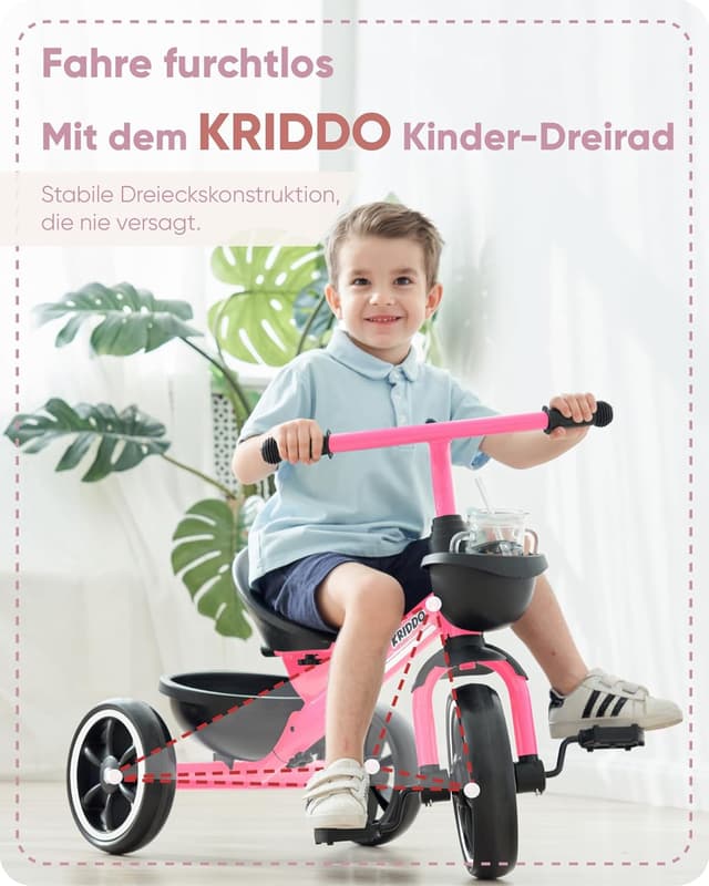 Detalle de KRIDDO Dreirad ab 2 Jahren für Kinder (24 Monate bis 5 Jahre) – Lauflernhilfe, rosa
