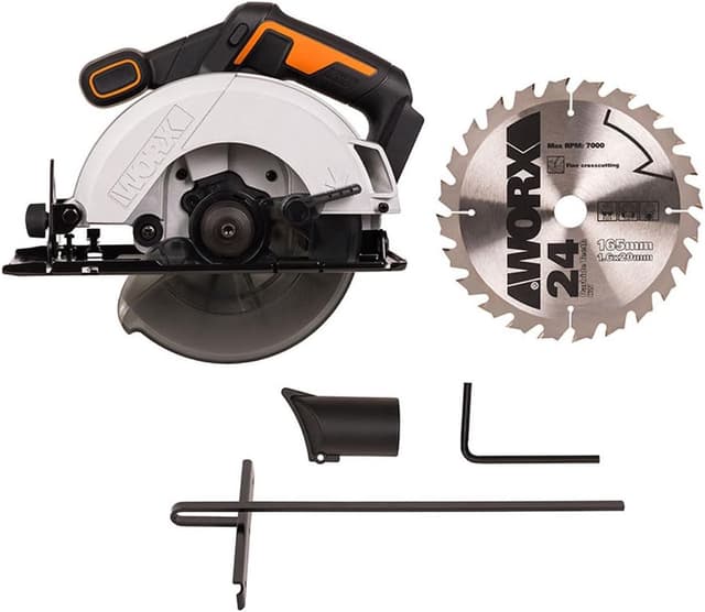 Detalle de WORX WX526.9 sega circolare a batteria 20 V da 165 mm, taglio massimo 55 mm e inclinazione 0–50°