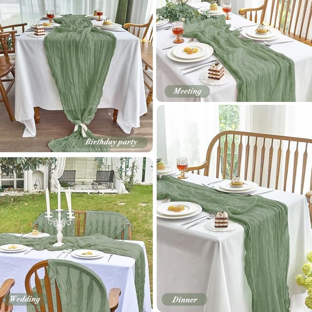 Detalle de IVAPUPU 2-Piece Gauze Cheesecloth Table Runner Set (10 ft) in Sage Green for Spring & Easter Decor