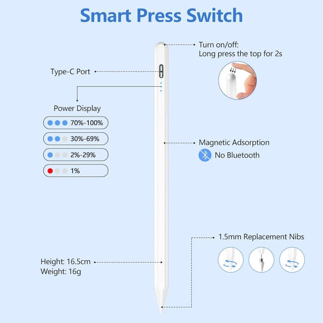 Detalle de Android Stylus Pen für Samsung, Huawei, Lenovo, Xiaomi & mehr – Universal Stift mit Neigungsempfindlichkeit (weiß)