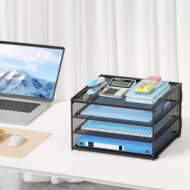 Detalle 2 de Marbrasse Organizer da ufficio a 4 livelli con cestino in rete e manico (nero)