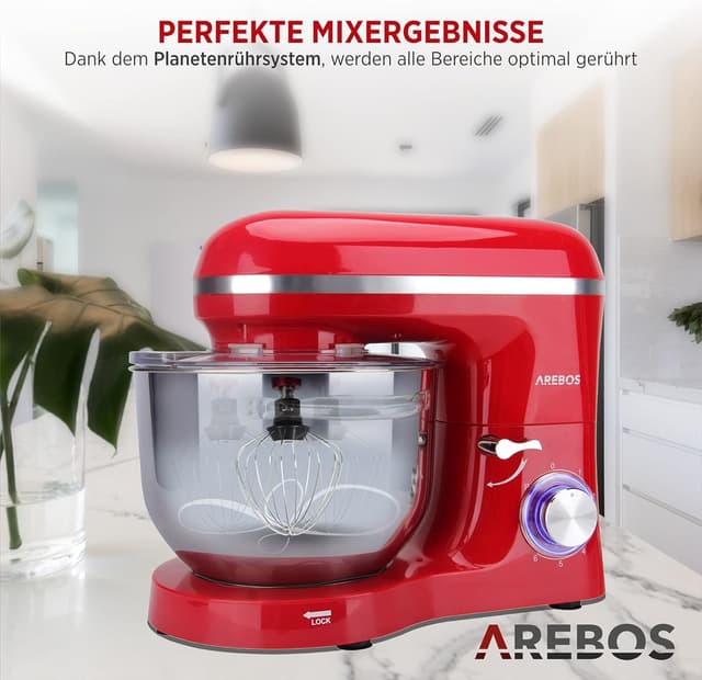 Detalle 2 de Arebos Küchenmaschine 1500 W mit 6-L-Edelstahlschüssel (rot) – Planetenrührsystem & 6 Geschwindigkeiten