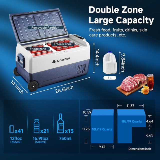 Detalle de AAOBOSI 36L dual-zone car fridge freezer with WiFi app control (12/24V DC & 100-240V AC)