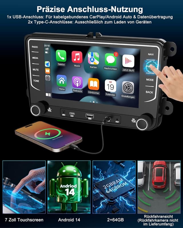 Detalle 2 de Autoradio 2+64GB Android 14 7 Zoll für VW Golf