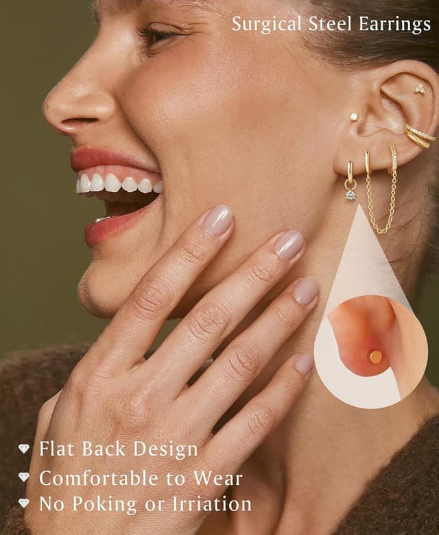 Detalle de TINGN Hypoallergene 14K vergoldete Creolen & Ohrstecker-Set (6er-Pack) für mehrere Piercings