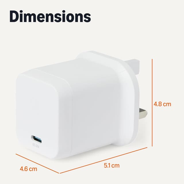 Detalle de Amazon Basics Fast Charging USB-C Nano GaN Wall Charger (65W, 1-Port) with PD 3.1