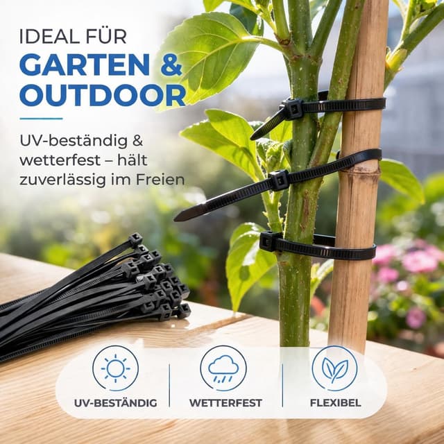 Detalle de 100x Kabelbinder schwarz Set (kurz & lang) – reißfest, UV-beständig, diverse Längen 120 mm x 2,5 mm