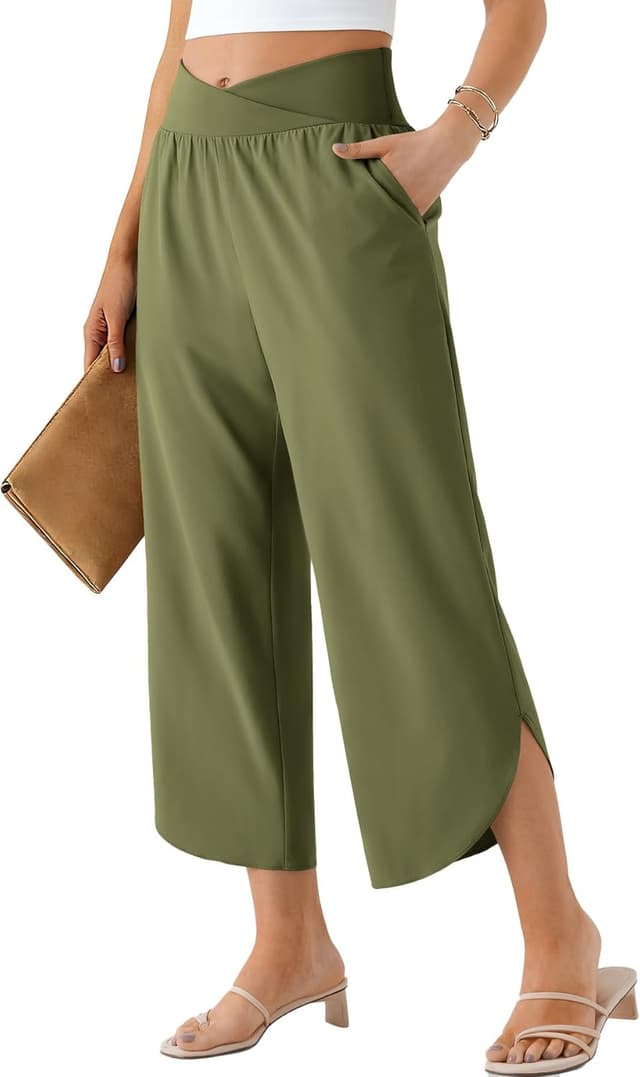 Detalle de Phophila Wide Leg Capri Pants for Women — Crossover High-Waist Casual Palazzo Slacks with Pockets