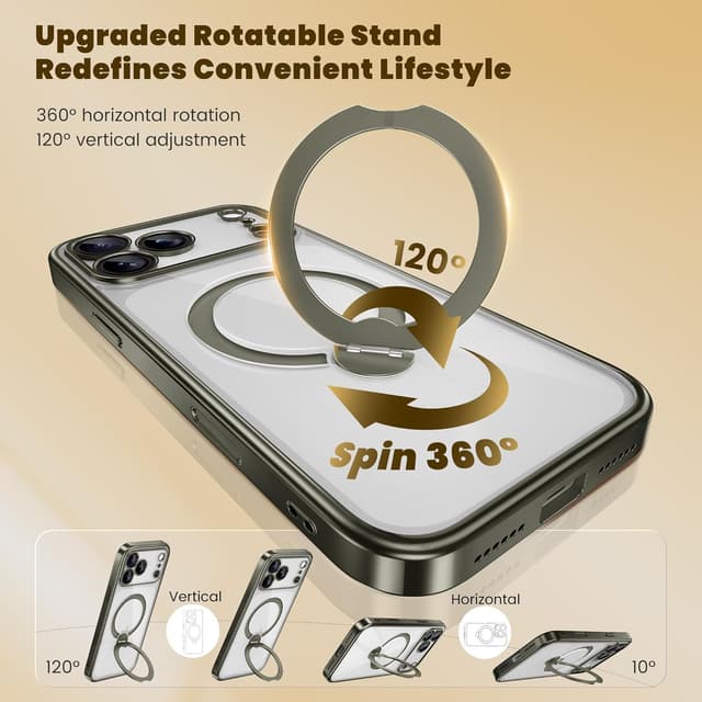 Detalle de GolbinBox for iPhone 17 Pro Max Case with 360° Spin Magnetic Stand (MagSafe Compatible) — Titanium Gray/Clear
