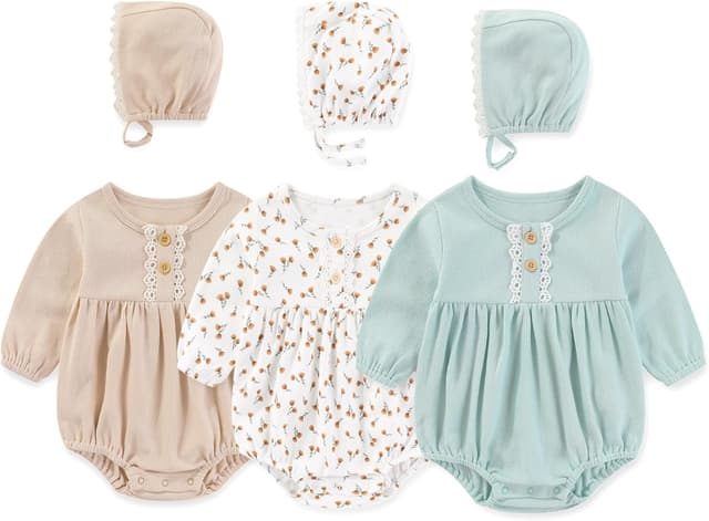 Thumbnail 6 de MAMIMAKA Newborn Baby Girl Cotton Bubble Romper Bodysuit 3-Pack (Long Sleeve)