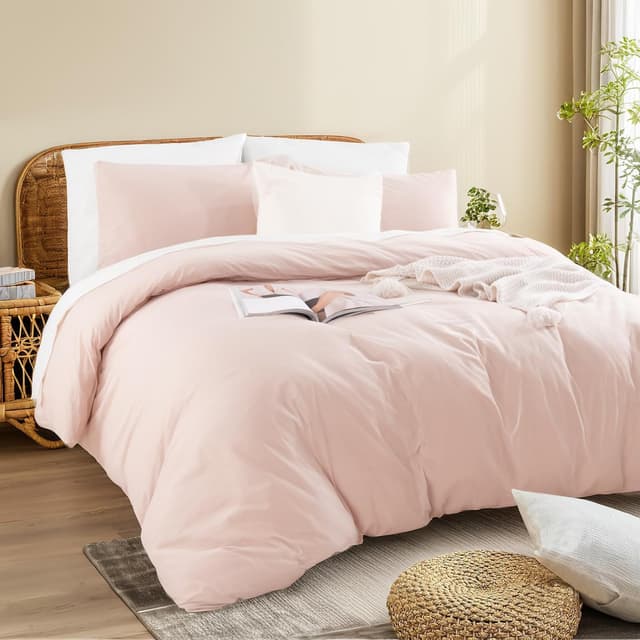 Detalle 2 de NEXHOME PRO Queen Linen-Look Washed Cotton Duvet Cover Set (Greyish Light Pink) with Zipper Closure
