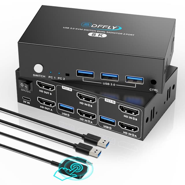 Detalle de HDMI KVM-Switch für 2 PCs, 2 Monitore, 8K@60 Hz & 4K@120Hz – mit 4 USB-Ports (USB 3.0, Fernbedienung)
