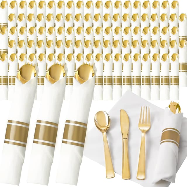 Detalle de Joyido 200-Guest Pre-Rolled Gold Plastic Silverware Set (Wrapped Utensils + Napkins)
