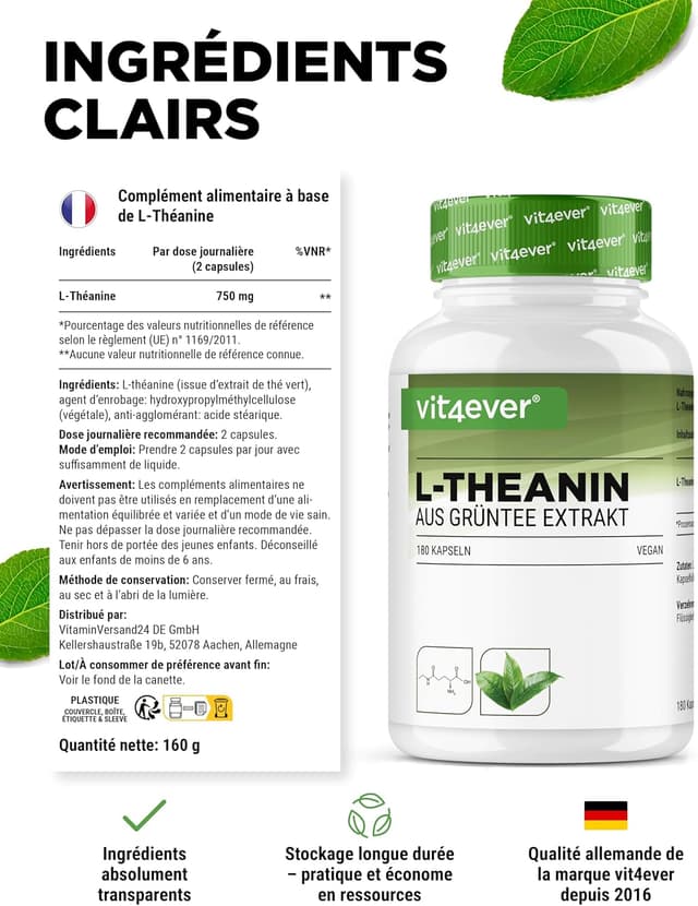 Detalle de L-Théanine vit4ever 180 gélules (750 mg par portion journalière) – extrait naturel de thé vert, végétalien