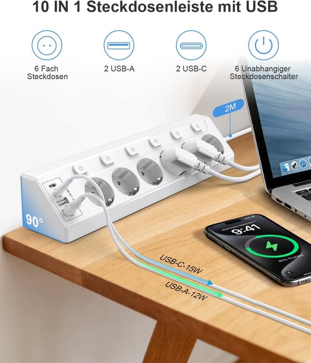 Detalle 2 de Vipwell Ecksteckdosenleiste 3680W, 6âFach + 4 USB (2xC) đ