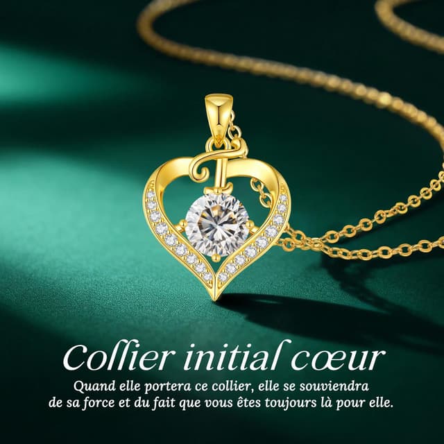 Detalle de Collier personnalisé LOUISA SECRET avec initiales en capitales et pendentif cœur d’amour, plaqué or 18K