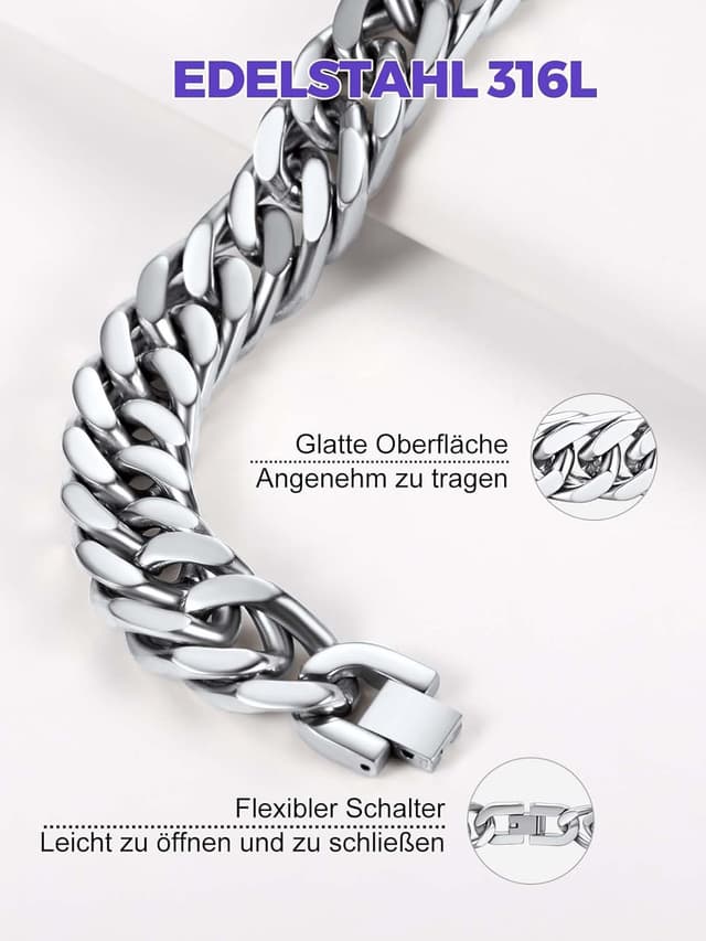 Detalle de Richsteel Herrenarmband im Cuban-Gliederstil aus 316L-Edelstahl – silber, schwarz oder vergoldet (8/12/17 mm breit)