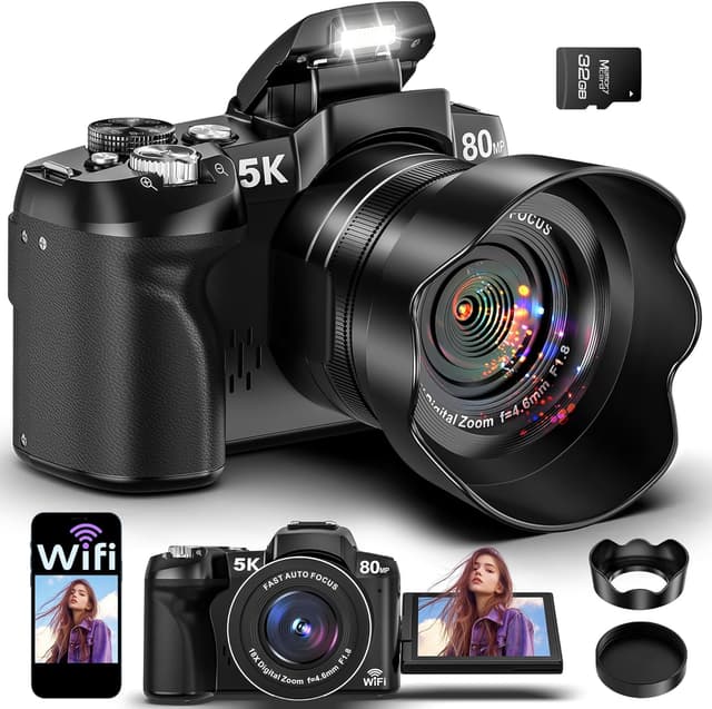 Detalle de 5K Digital Camera with 80MP Photos, Wi‑Fi, 3" 270° Flip Screen, 18X Zoom (Travel Vlogging Camera for Beginners)