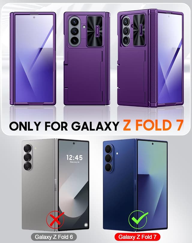 Detalle 2 de Vizvera Case for Samsung Galaxy Z Fold 7 (Purple) with RFID wallet card holder, HD tempered glass and sliding camera cover