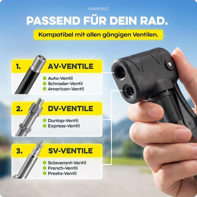 Detalle de ON‑AIR Fahrradpumpe für alle Ventile (Presta/SV, AV, DV) – Standluftpumpe mit großem Manometer, Adapter & Ballnadel