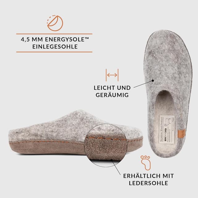 Detalle de Green Comfort MAKALU Hausschuhe für Damen & Herren – 100% Schaffilz, ohne Mulesing, mit Ledersohle