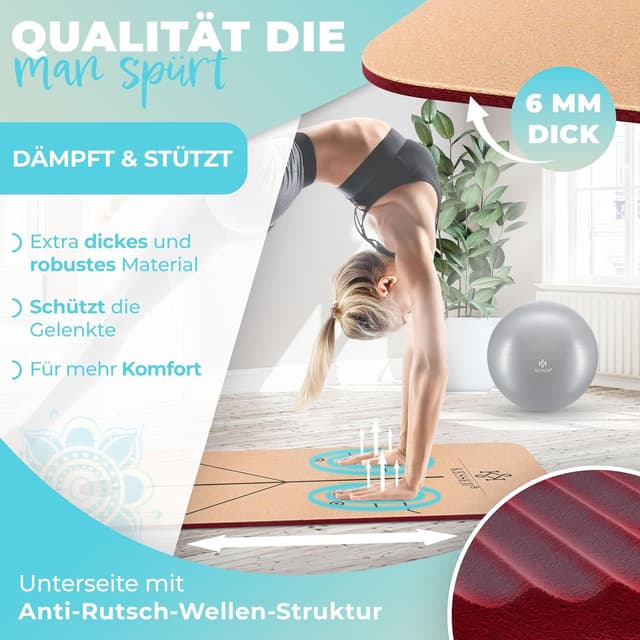 Detalle de KESSER® Yogamatte Kork inkl. Tragegurt, Tasche & Block – rutschfeste Trainingsmatte (183 x 62 cm)