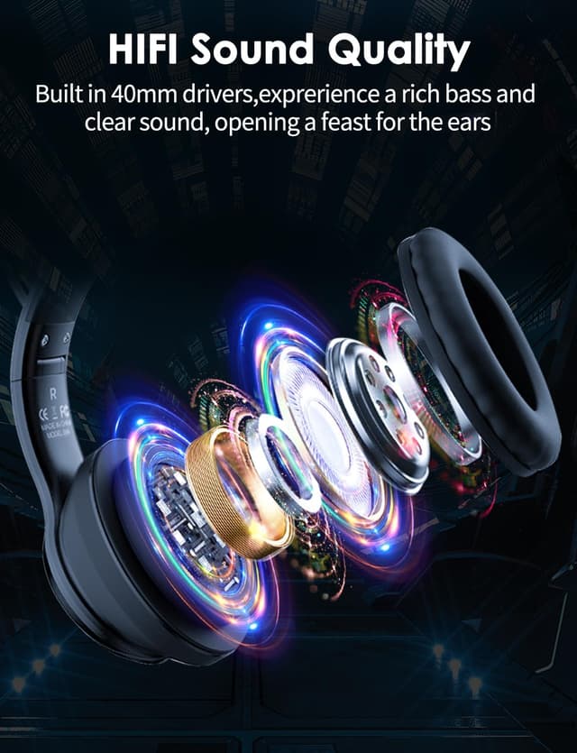 Detalle de Cat Ear Bluetooth Headphones with LED Lights – Wireless Over-Ear Headset with Microphone, Hi‑Fi Stereo & 55H Playtime