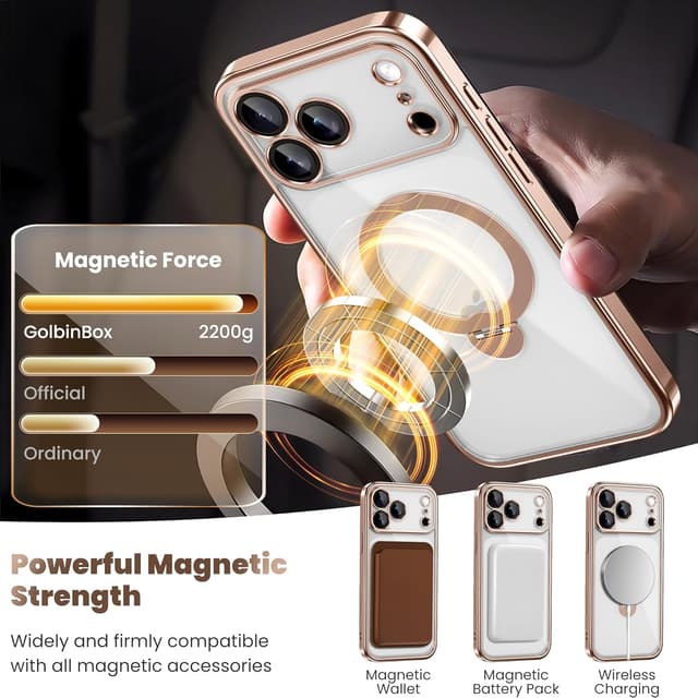 Detalle de GolbinBox iPhone 17 Pro Max Case with 360° Spin Magnetic Stand, MagSafe Compatible (Rose Gold/Clear)