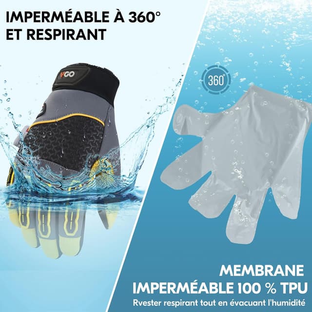 Detalle de Gants de travail d’hiver Vgo… pour mécanicien (jusqu’à -20 °C), imperméables et tactiles – Gris, XL