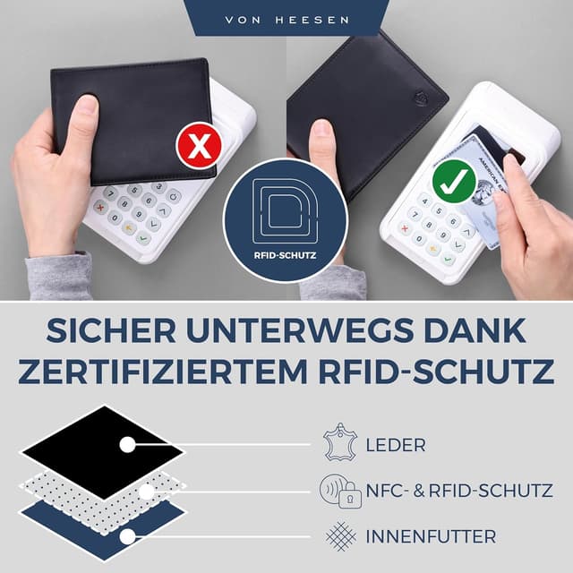 Detalle de VON HEESEN Leder-Geldbörse mit RFID-Schutz aus Echtleder (Schwarz, Glatt)
