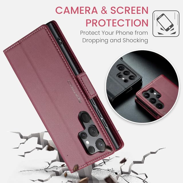 Detalle de QLTYPRI Hülle für Samsung Galaxy S24 Ultra mit RFID-Schutz, Kartenfach und Klapp-Stand – Weinrot