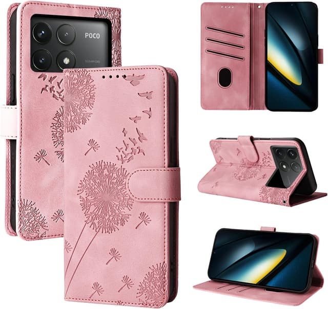 Detalle de Rostsant Handyhülle für Xiaomi Poco F6 Pro 5G (Löwenzahn) – PU-Leder Flip Case mit Magnetverschluss, Roségold