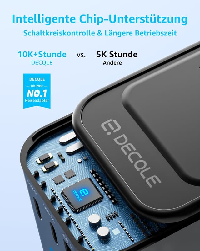 Thumbnail 6 de decqle Reiseadapter Weltweit – Universal-Reisestecker mit 2× USB‑C (GaN 45 W), USB‑A und AC‑Steckdose (EU/UK/US/AU, schwarz)