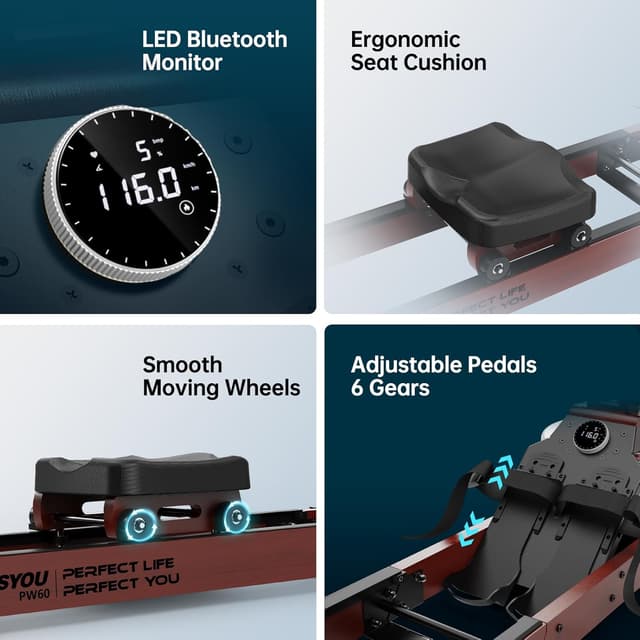 Thumbnail 6 de PASYOU PW60 Rudergerät für Zuhause aus Eiche – faltbar mit Bluetooth-Display, 14‑Liter-Wassertank & Kinomap-Test