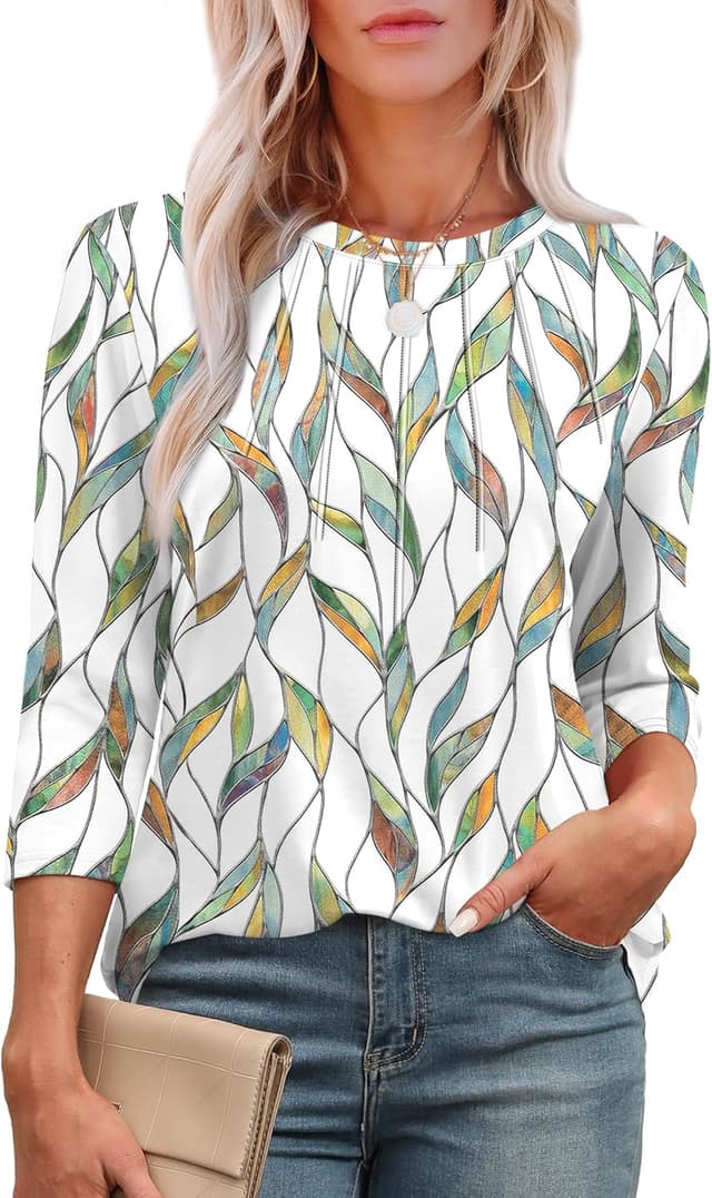 Detalle de Aokosor Womens 3/4 Sleeve Pleated Crew Neck Tunic Blouses