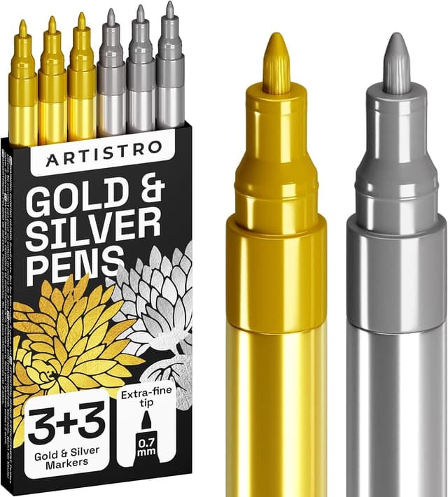 Detalle de Artistro 6 Gold & Silber Acrylstifte (wasserbasiert) – 6er Set mit extra-feiner Spitze für Stein, Keramik, Glas & mehr