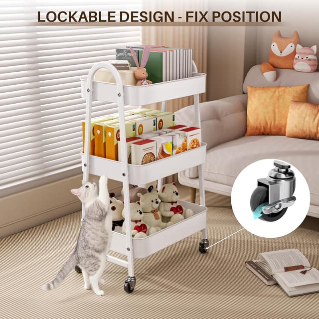 Detalle de StowBin 3-Tier Metal Storage Trolley with Wheels – Rolling Utility Cart with Handle and Mesh Shelves (White)