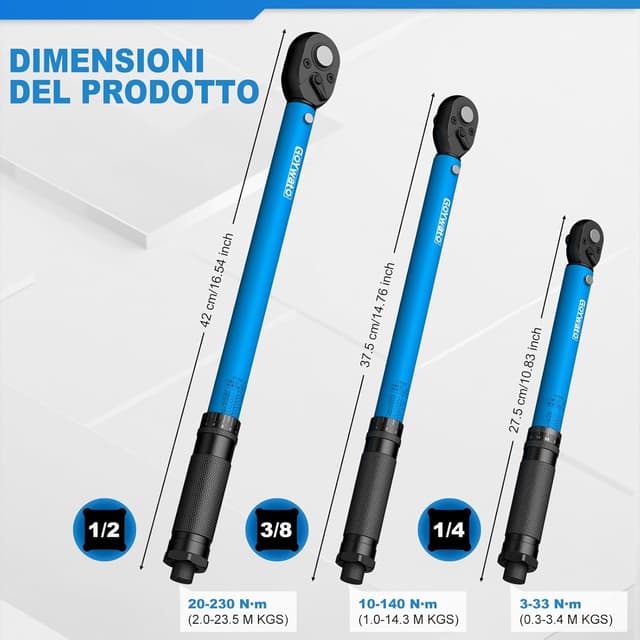 Detalle de GoYwato set di chiavi dinamometriche 1/4”, 3/8” e 1/2” (3 pezzi) con precisione ±3%