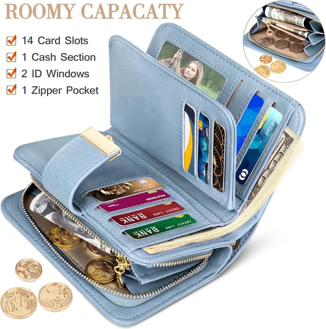 Detalle de Faneam Ladies Purse RFID Blocking Leather Wallet with Wrist Strap and 14 Card Slots