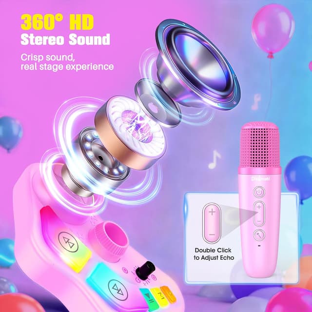 Detalle de Kinder-Karaoke-Set mit Karaoke-Maschine und 2 Mikrofonen (Bluetooth 5.3, TF-Karte, USB, AUX) – mit höhenverstellbarem Ständer