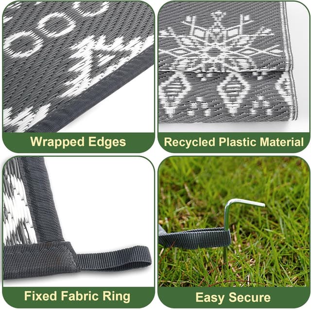 Detalle de MOKANI Large Outdoor Rug for Patio Waterproof (240x300 cm) – Reversible, Foldable Boho Garden Rug