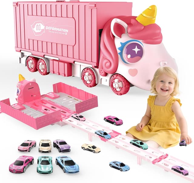 Detalle de RUIDYA Unicorn Transport Truck Toy with Foldable 160cm Race Track and 6 Die-Cast Cars