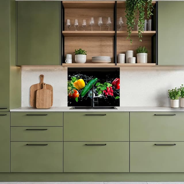 Detalle de KitchenYeah Küchenrückwand selbstklebend 60x80 cm (Spritzschutz, ohne Bohren) – Schwarz mit Glasoptik